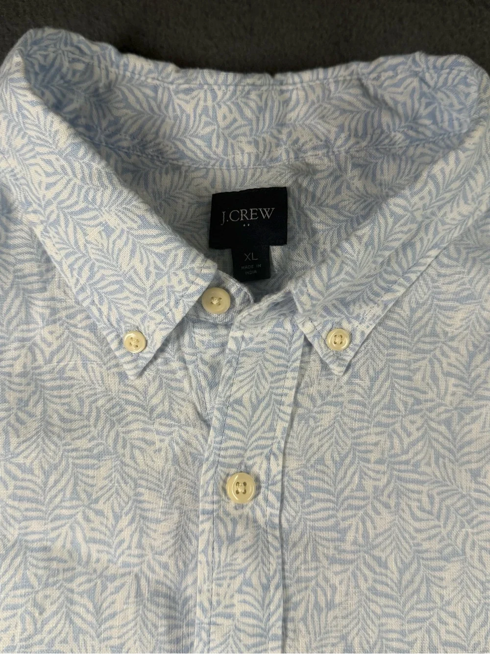 J Crew Linen Blend Button Down Shirt Mens XL Blue White Palm Printed Pocket